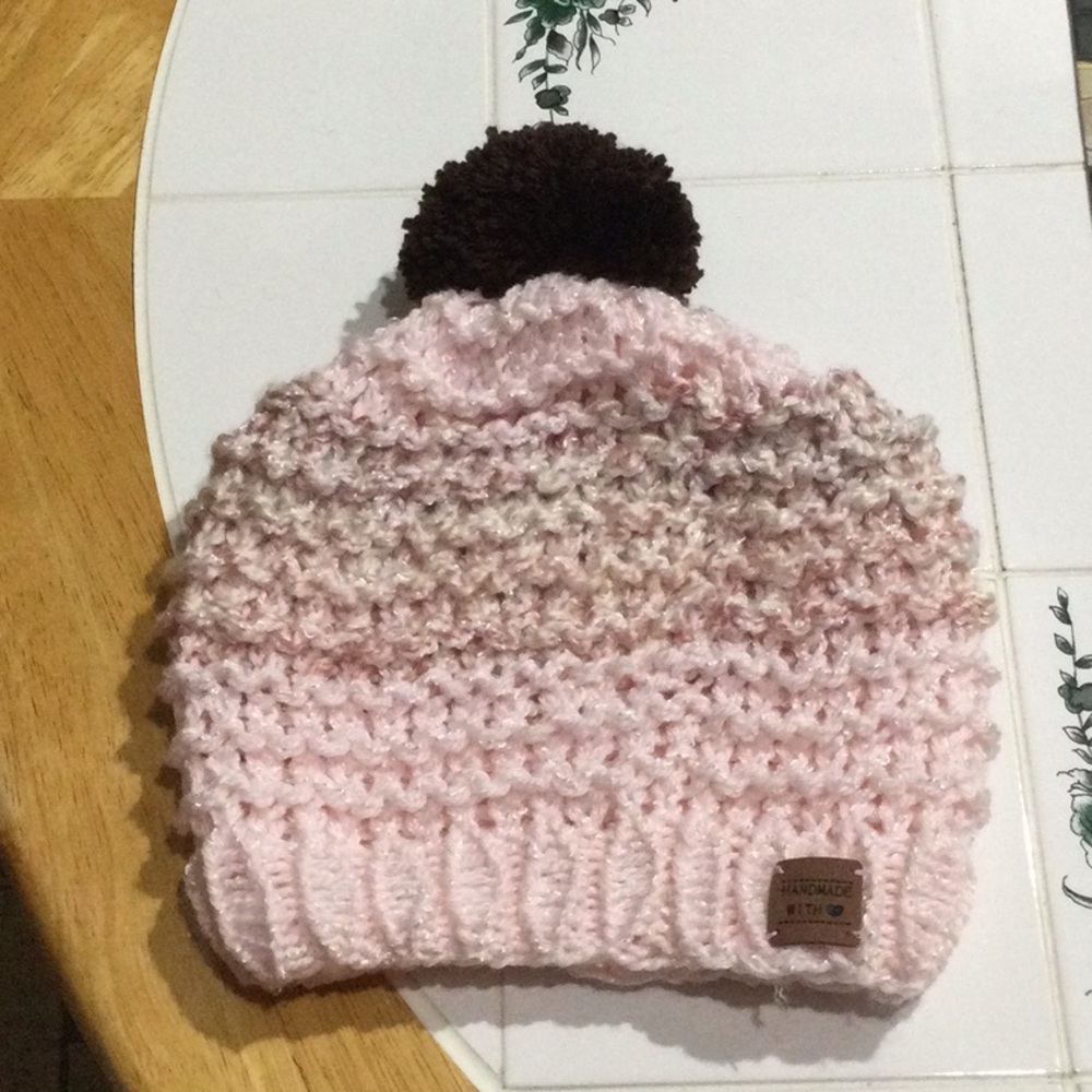 Handmade Pink and Brown Knit Beanie with Pom-Pom
